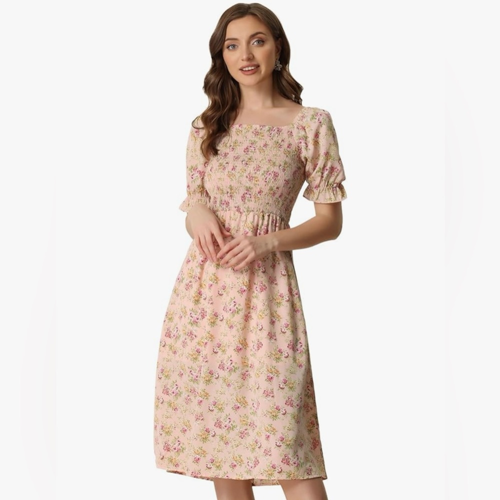 Allegra K Floral Pink Midi Dress